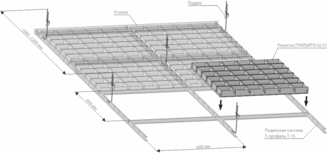 Схема сборки потолка Грильято GL15