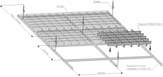 Схема монтажа потолка Грильято NL 10