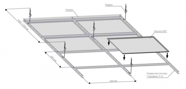 Схема монтажа кассетного потолка SKY Т15
