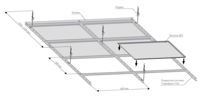 Схема монтажа кассетного потолка SKY Т24